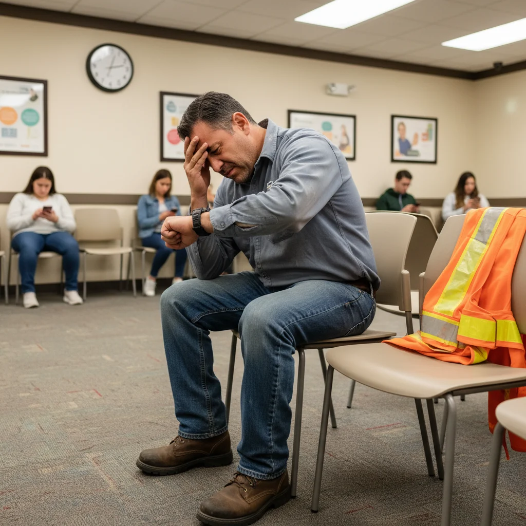 Frustrated construction worker waiting in medical clinic, checking watch, surrounded by other patients in sterile waiting room