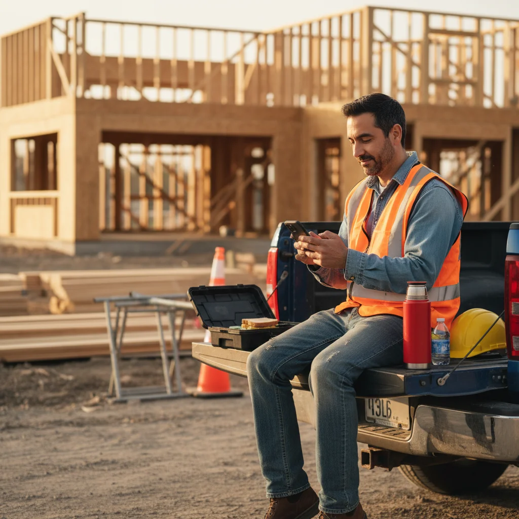 Construction worker on lunch break at job site, sitting on truck tailgate completing N95 certification on smartphone with lunch box nearby