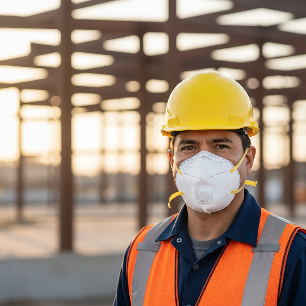 Construction worker wearing N95 respirator mask on job site, demonstrating proper OSHA-compliant respiratory protection
