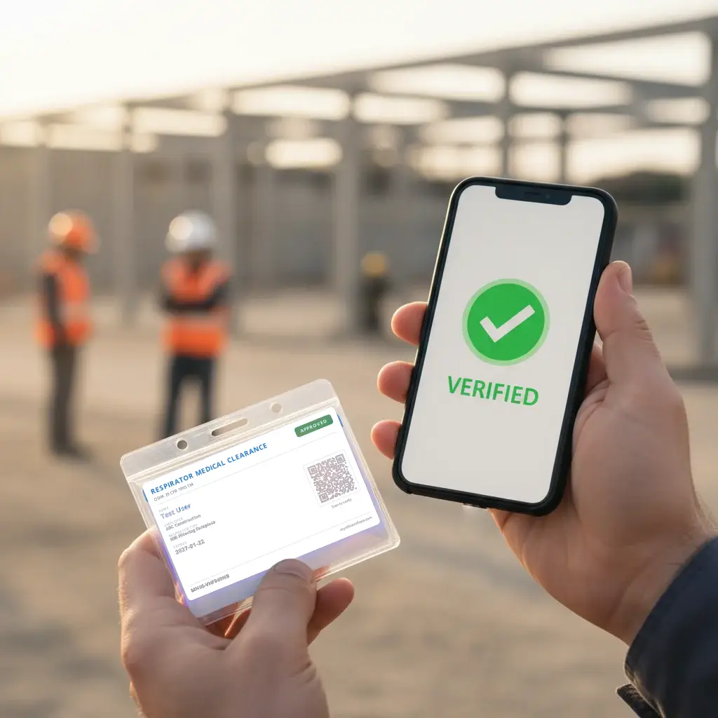 Supervisor scanning QR code on N95 certification wallet card with smartphone, showing verified status on screen at construction site